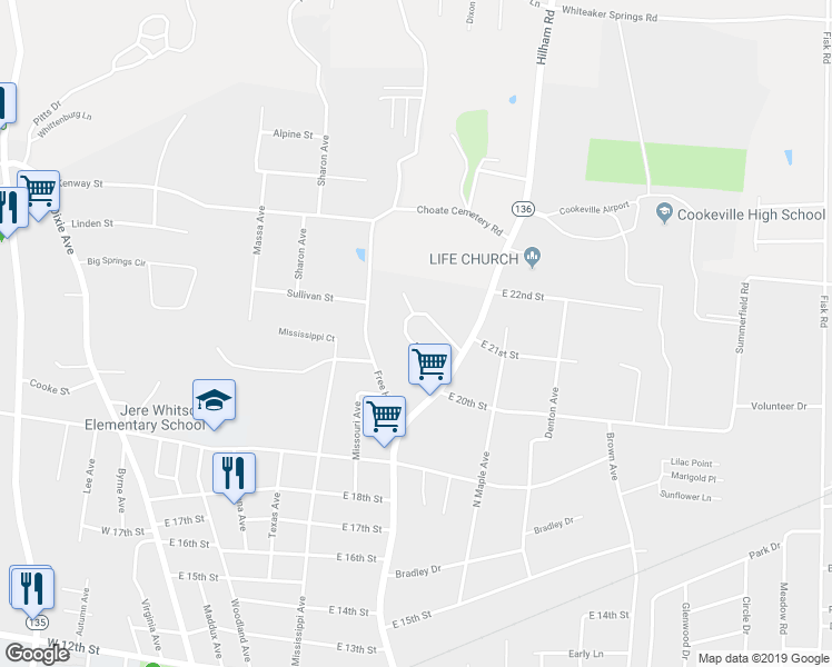 map of restaurants, bars, coffee shops, grocery stores, and more near 523 Ryan Circle in Cookeville