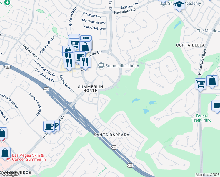 map of restaurants, bars, coffee shops, grocery stores, and more near 1680 Village Center Circle in Las Vegas