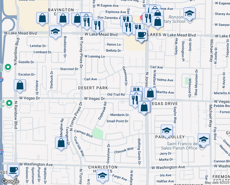map of restaurants, bars, coffee shops, grocery stores, and more near 6208 Old Trail Road in Las Vegas