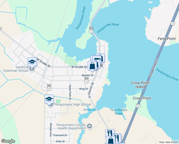 map of restaurants, bars, coffee shops, grocery stores, and more near 124 Market Street in Hertford