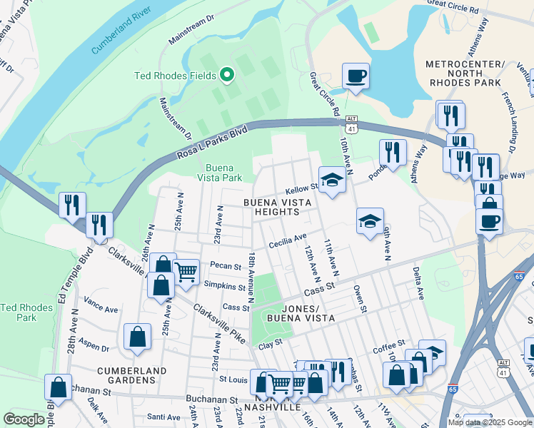 map of restaurants, bars, coffee shops, grocery stores, and more near 1404 Walsh Street in Nashville