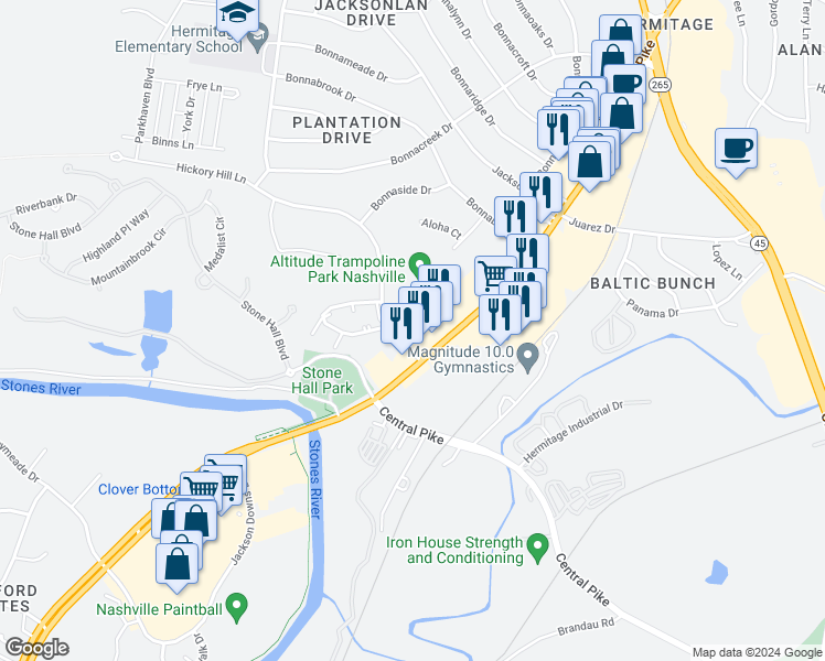 map of restaurants, bars, coffee shops, grocery stores, and more near 1008 Hickory Hill Lane in Nashville