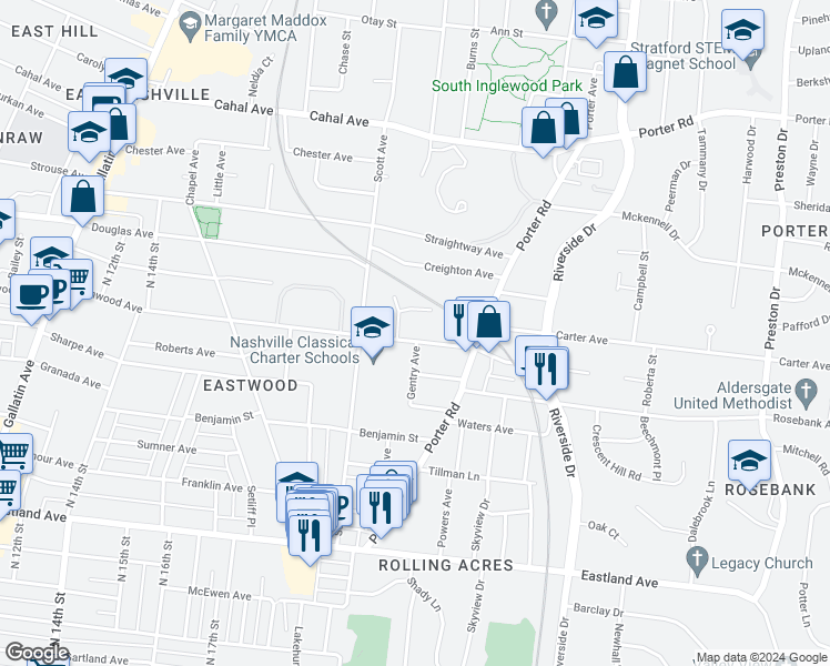 map of restaurants, bars, coffee shops, grocery stores, and more near 2017 Greenwood Avenue in Nashville