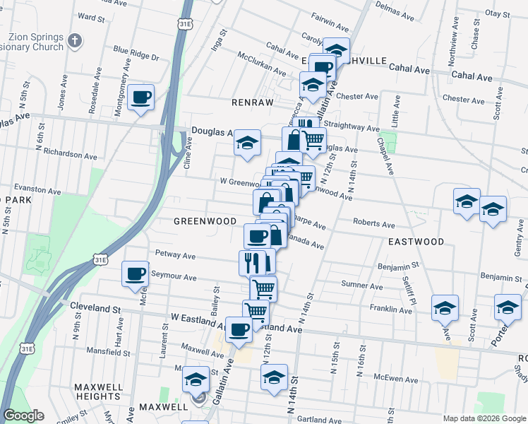 map of restaurants, bars, coffee shops, grocery stores, and more near 1008 Gallatin Avenue in Nashville