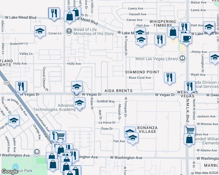 map of restaurants, bars, coffee shops, grocery stores, and more near 1604 Manhattan Drive in Las Vegas