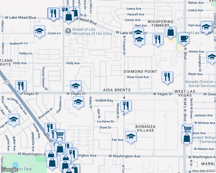 map of restaurants, bars, coffee shops, grocery stores, and more near 1612 Ludwig Drive in Las Vegas