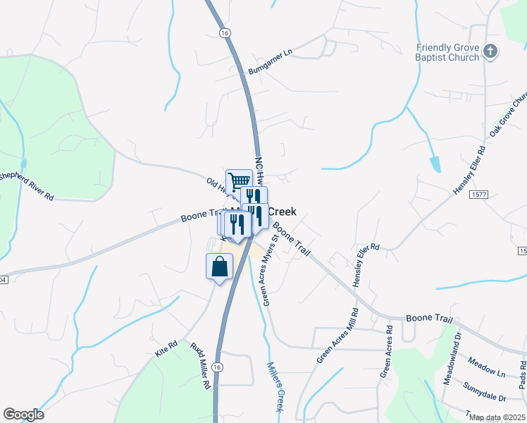 map of restaurants, bars, coffee shops, grocery stores, and more near in Millers Creek