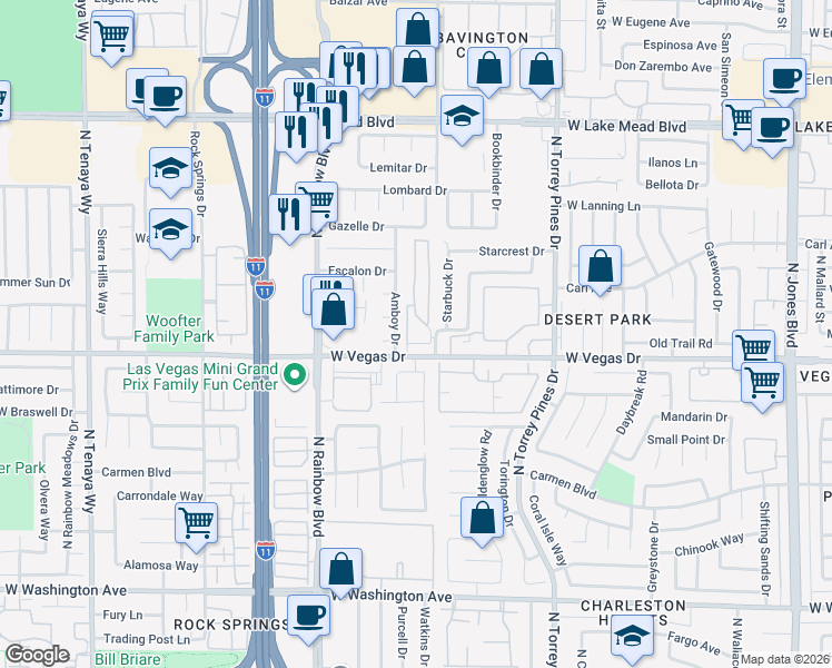 map of restaurants, bars, coffee shops, grocery stores, and more near 1609 Amboy Drive in Las Vegas