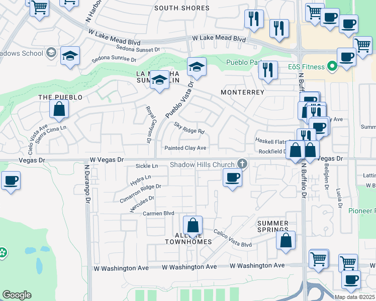 map of restaurants, bars, coffee shops, grocery stores, and more near 1600 Tranquil Meadows Lane in Las Vegas