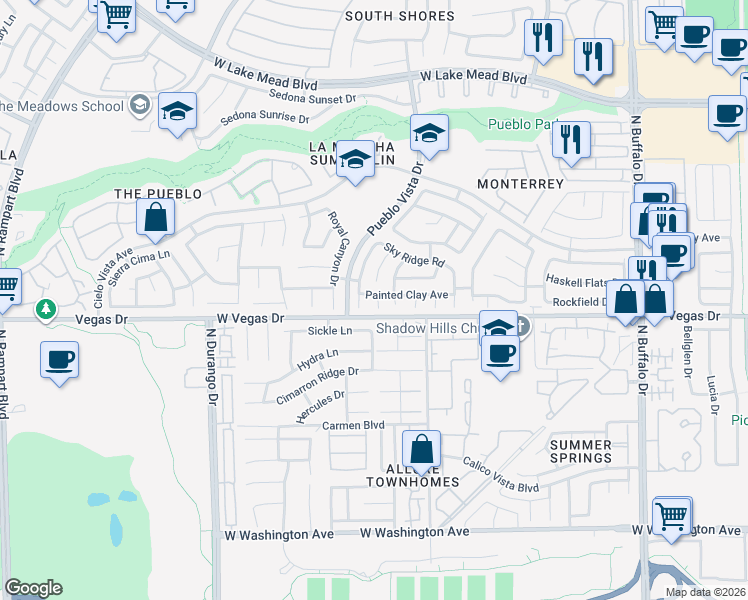 map of restaurants, bars, coffee shops, grocery stores, and more near 1604 Wandering Winds Way in Las Vegas