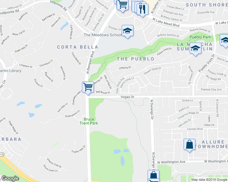 map of restaurants, bars, coffee shops, grocery stores, and more near 8709 Red Brook Drive in Las Vegas