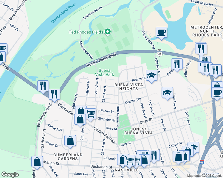 map of restaurants, bars, coffee shops, grocery stores, and more near 2205 18th Avenue North in Nashville