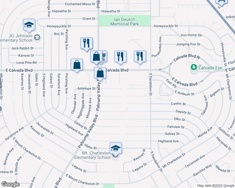map of restaurants, bars, coffee shops, grocery stores, and more near 1550 Bighorn Street in Pahrump