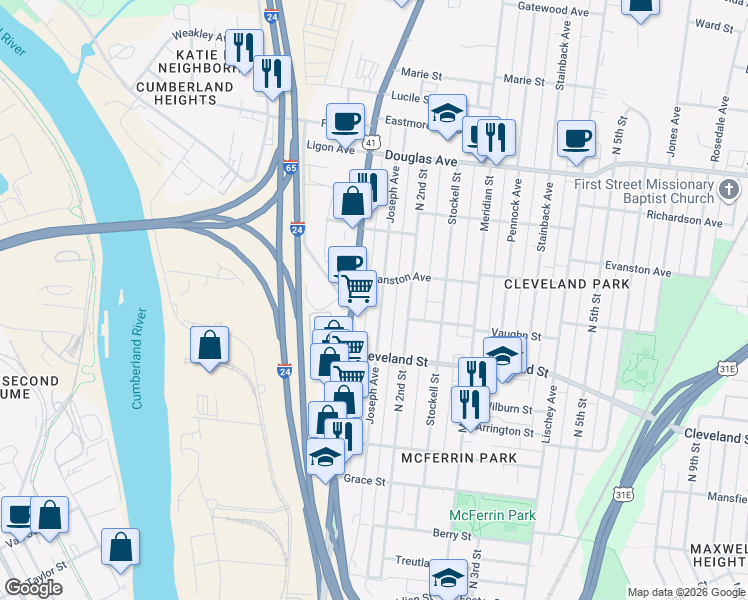 map of restaurants, bars, coffee shops, grocery stores, and more near 1008 Joseph Avenue in Nashville