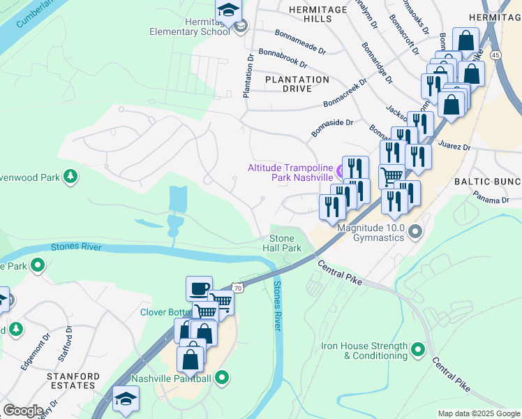 map of restaurants, bars, coffee shops, grocery stores, and more near 4100B Stone Hall Boulevard in Nashville