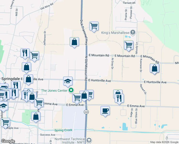 map of restaurants, bars, coffee shops, grocery stores, and more near 1300 Rockline Way in Springdale