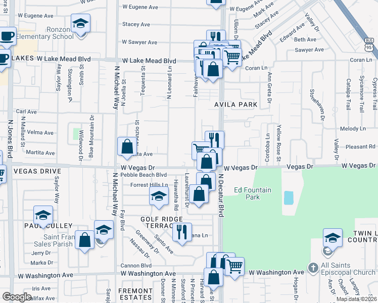map of restaurants, bars, coffee shops, grocery stores, and more near 1655 Fairhaven Street in Las Vegas