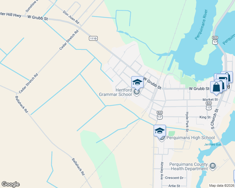 map of restaurants, bars, coffee shops, grocery stores, and more near 219 Woodland Circle in Hertford