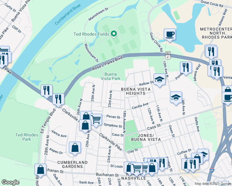 map of restaurants, bars, coffee shops, grocery stores, and more near 1736 Nubell Street in Nashville