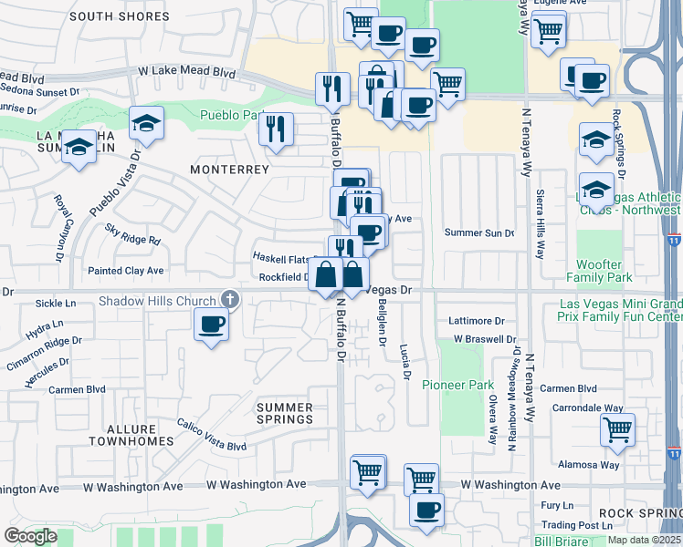 map of restaurants, bars, coffee shops, grocery stores, and more near 1650 North Buffalo Drive in Las Vegas
