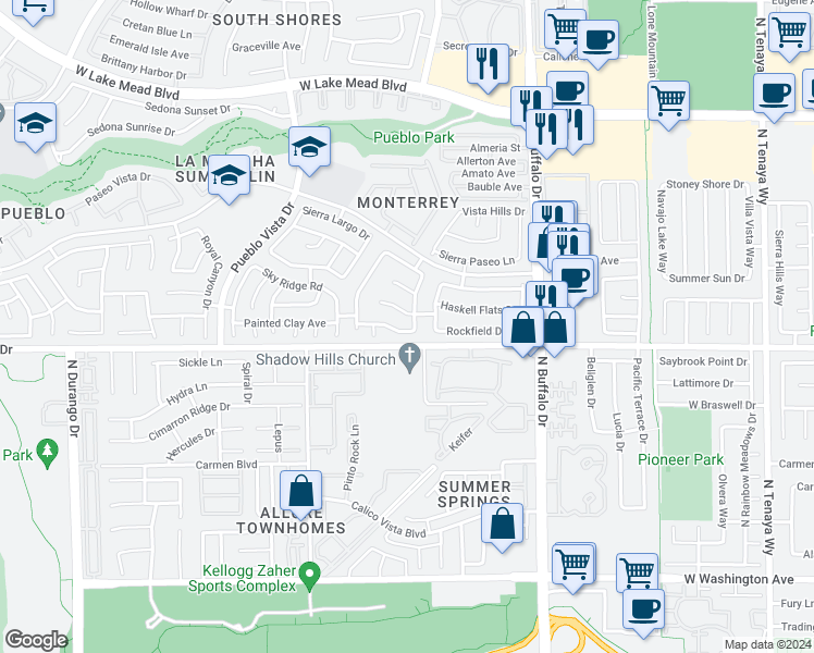map of restaurants, bars, coffee shops, grocery stores, and more near 1605 Western Lily Street in Las Vegas