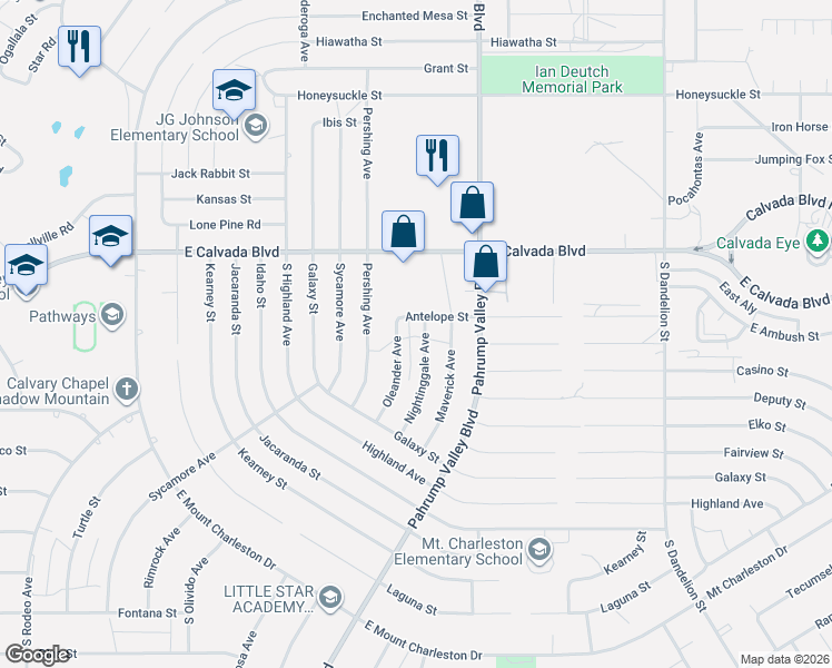map of restaurants, bars, coffee shops, grocery stores, and more near 2091 Oleander Avenue in Pahrump