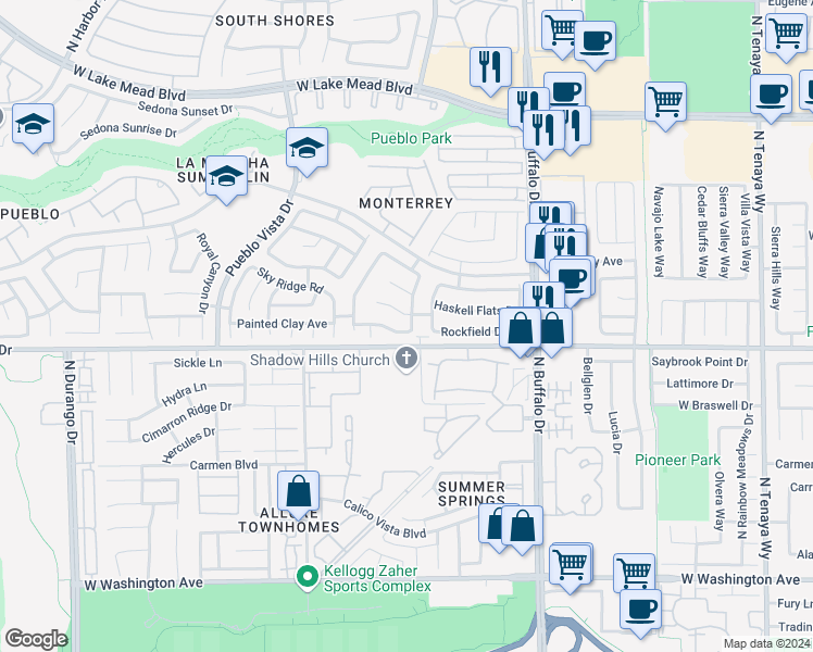 map of restaurants, bars, coffee shops, grocery stores, and more near 1605 Western Lily Street in Las Vegas