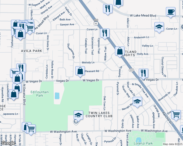 map of restaurants, bars, coffee shops, grocery stores, and more near 4087 Pleasant Road in Las Vegas
