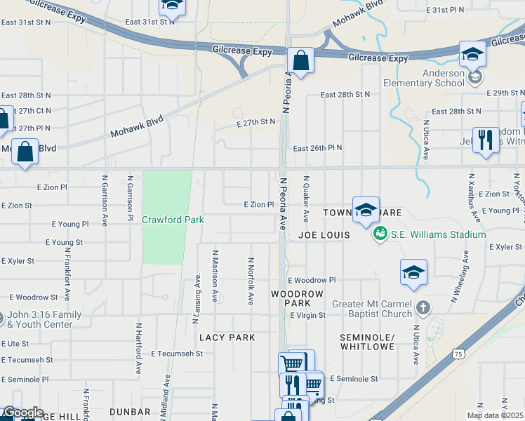 map of restaurants, bars, coffee shops, grocery stores, and more near 1119 East Zion Street in Tulsa