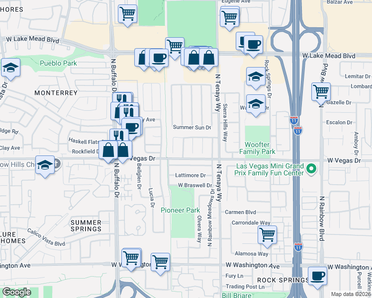 map of restaurants, bars, coffee shops, grocery stores, and more near 1604 Palmae Way in Las Vegas