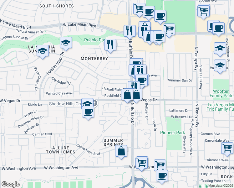 map of restaurants, bars, coffee shops, grocery stores, and more near 7625 Rockfield Drive in Las Vegas