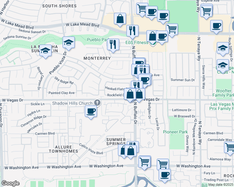 map of restaurants, bars, coffee shops, grocery stores, and more near 7717 Rockfield Drive in Las Vegas