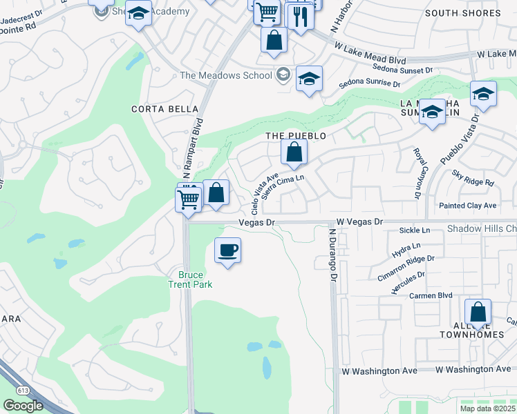 map of restaurants, bars, coffee shops, grocery stores, and more near 8613 Danza Del Sol Drive in Las Vegas