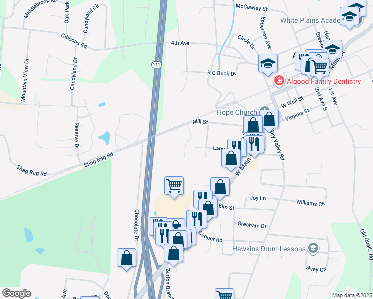 map of restaurants, bars, coffee shops, grocery stores, and more near 237 Mill Street in Cookeville