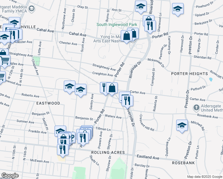 map of restaurants, bars, coffee shops, grocery stores, and more near 2105 Greenwood Avenue in Nashville