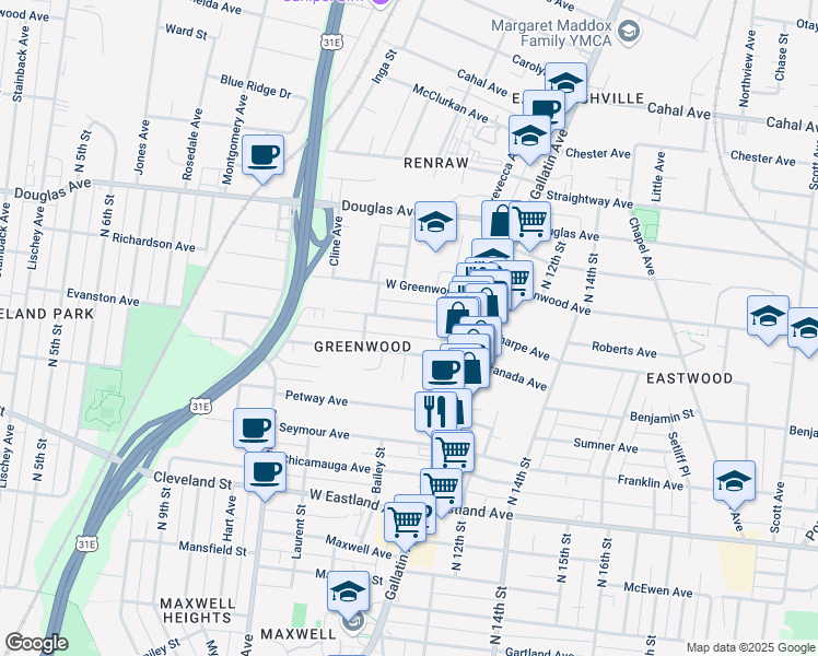 map of restaurants, bars, coffee shops, grocery stores, and more near 1013 Granada Avenue in Nashville