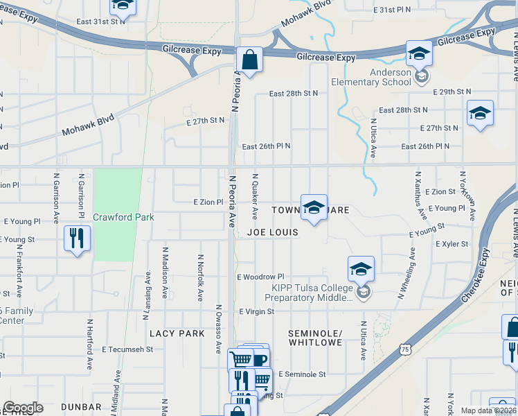 map of restaurants, bars, coffee shops, grocery stores, and more near 2431 North Quaker Avenue in Tulsa