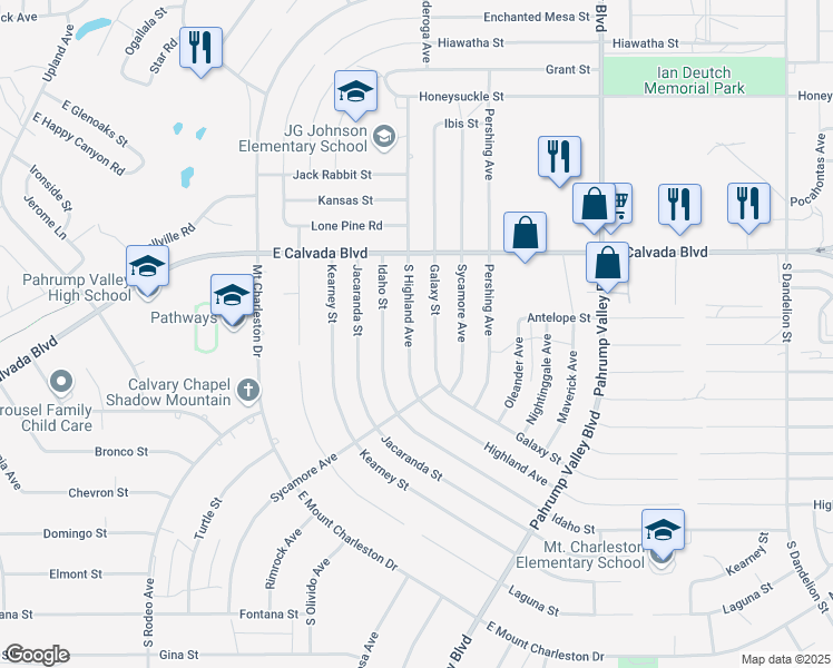map of restaurants, bars, coffee shops, grocery stores, and more near 2071 South Highland Avenue in Pahrump
