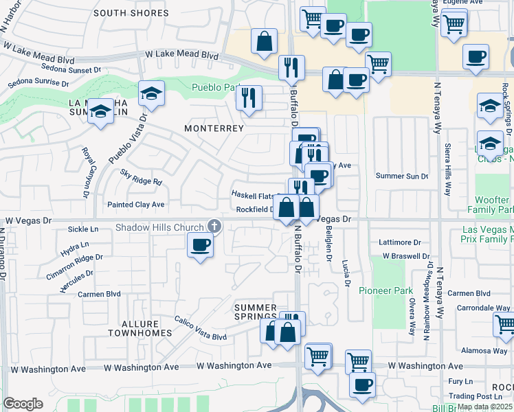 map of restaurants, bars, coffee shops, grocery stores, and more near 7704 Rockfield Drive in Las Vegas