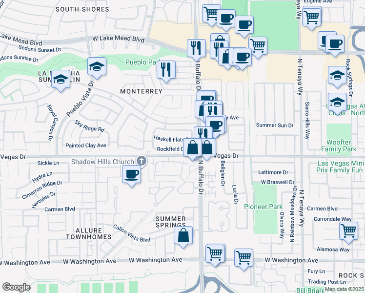 map of restaurants, bars, coffee shops, grocery stores, and more near 7624 Rockfield Drive in Las Vegas