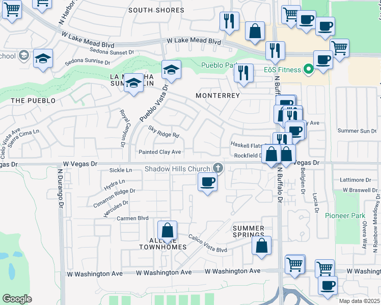 map of restaurants, bars, coffee shops, grocery stores, and more near 1621 Mexican Poppy Street in Las Vegas