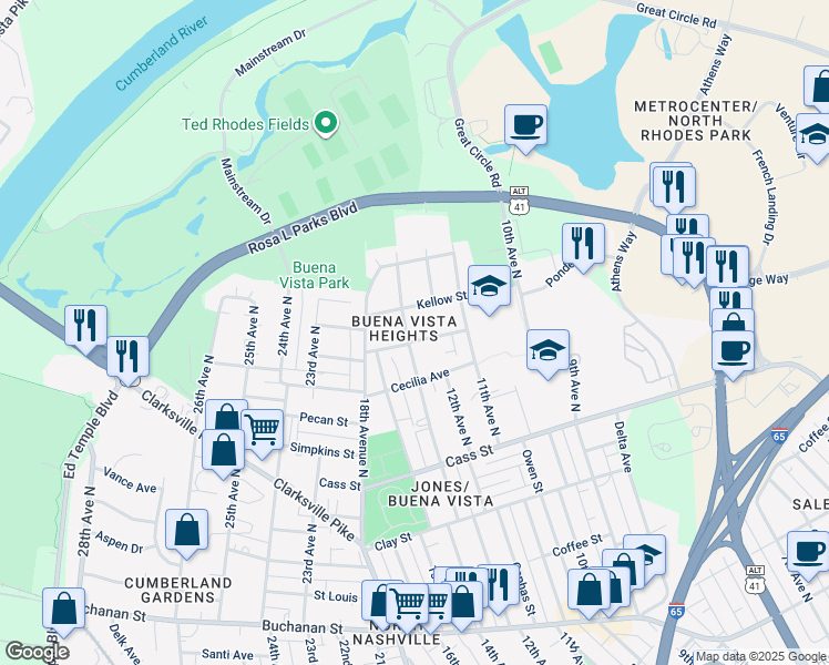 map of restaurants, bars, coffee shops, grocery stores, and more near 1405B Walsh Street in Nashville