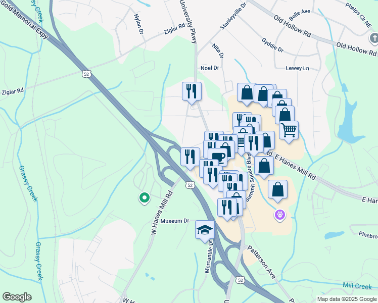 map of restaurants, bars, coffee shops, grocery stores, and more near 180 Sunburst Circle in Winston-Salem