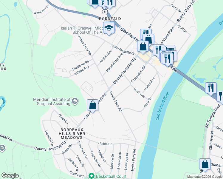 map of restaurants, bars, coffee shops, grocery stores, and more near 1612 County Hospital Road in Nashville