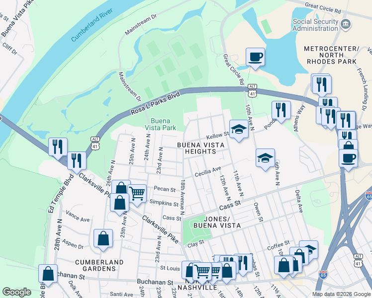 map of restaurants, bars, coffee shops, grocery stores, and more near 2205 18th Avenue North in Nashville