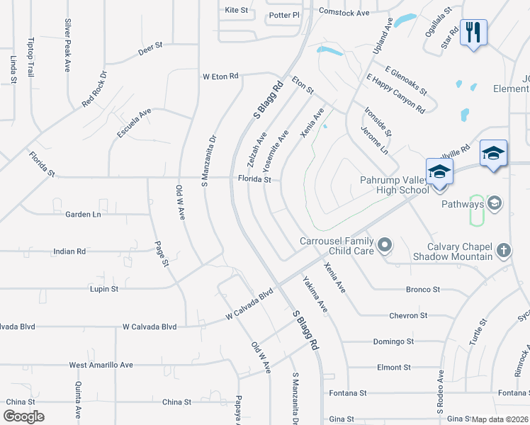 map of restaurants, bars, coffee shops, grocery stores, and more near 2040 Yosemite Avenue in Pahrump