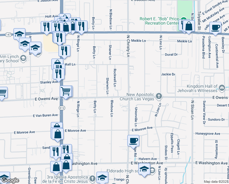 map of restaurants, bars, coffee shops, grocery stores, and more near 5425 Addison Avenue in Las Vegas