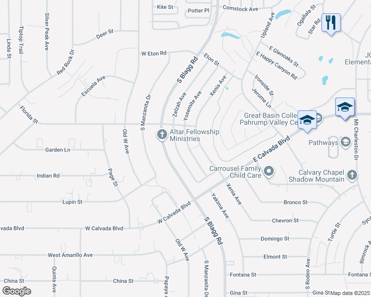 map of restaurants, bars, coffee shops, grocery stores, and more near 2040 Yosemite Avenue in Pahrump