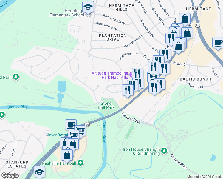 map of restaurants, bars, coffee shops, grocery stores, and more near 1005 Hickory Hill Lane in Nashville
