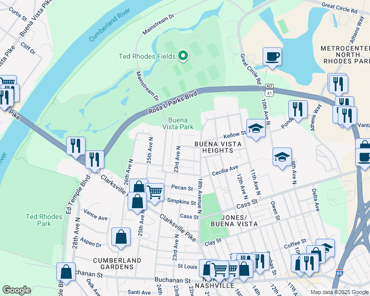 map of restaurants, bars, coffee shops, grocery stores, and more near 1736 Nubell Street in Nashville